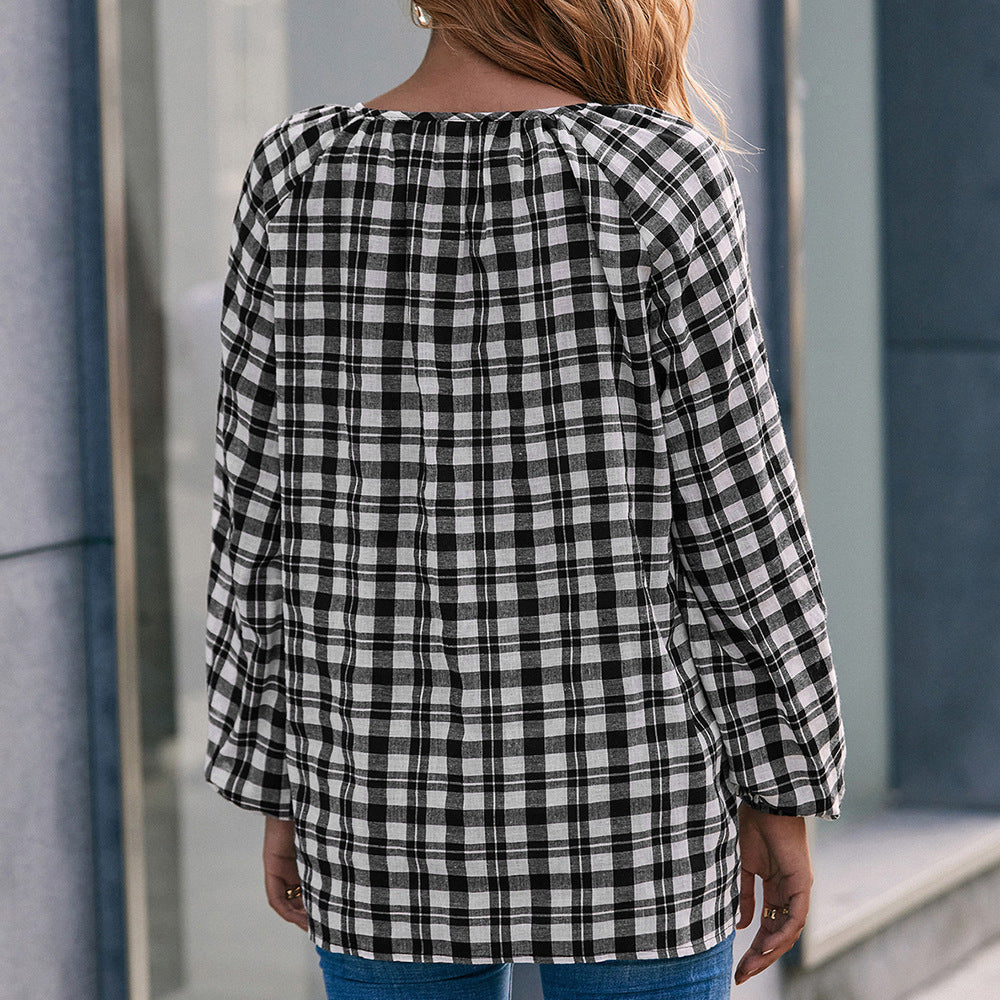 Blouse with Plaid Pattern and Bow Detail