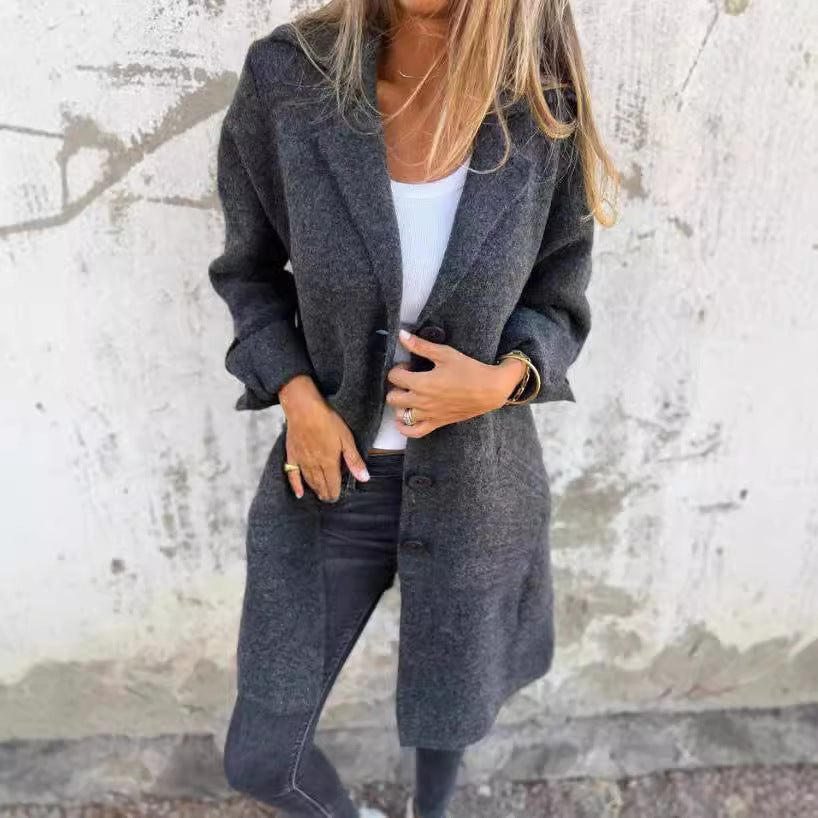 Women's Elegant Oversized Wool Coat with Full Button Placket and Practical Pockets