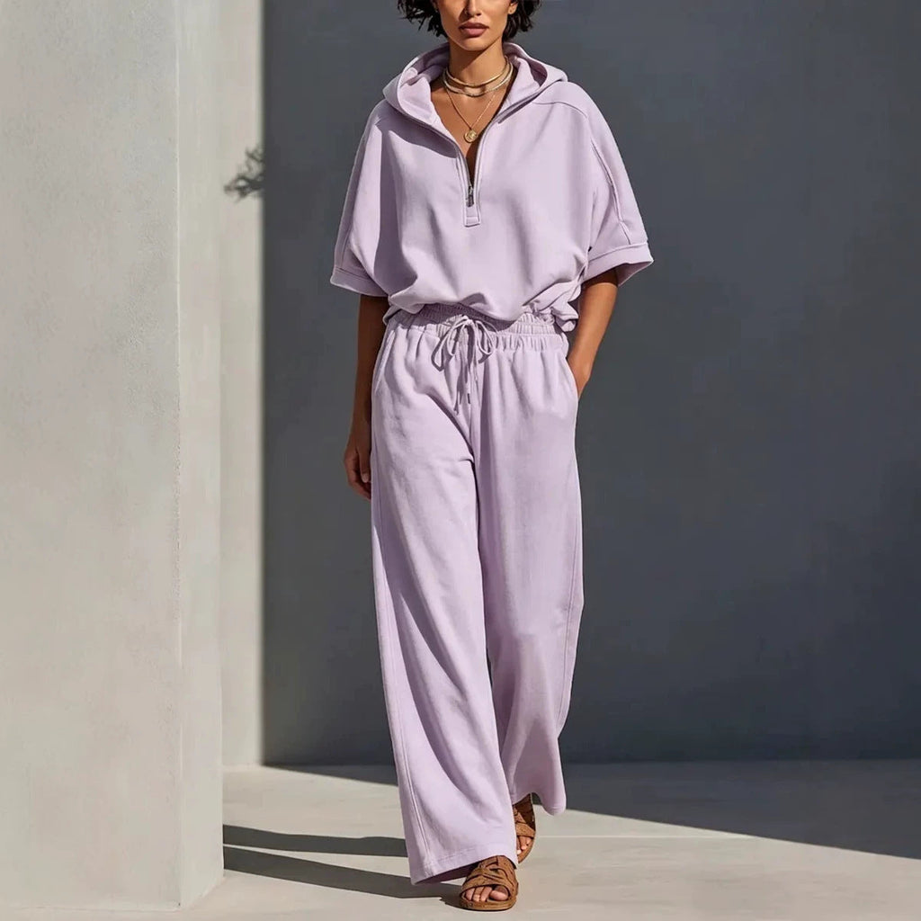 Women's Casual Lounge Set with Half-Zip Hoodie and Wide Palazzo Pants
