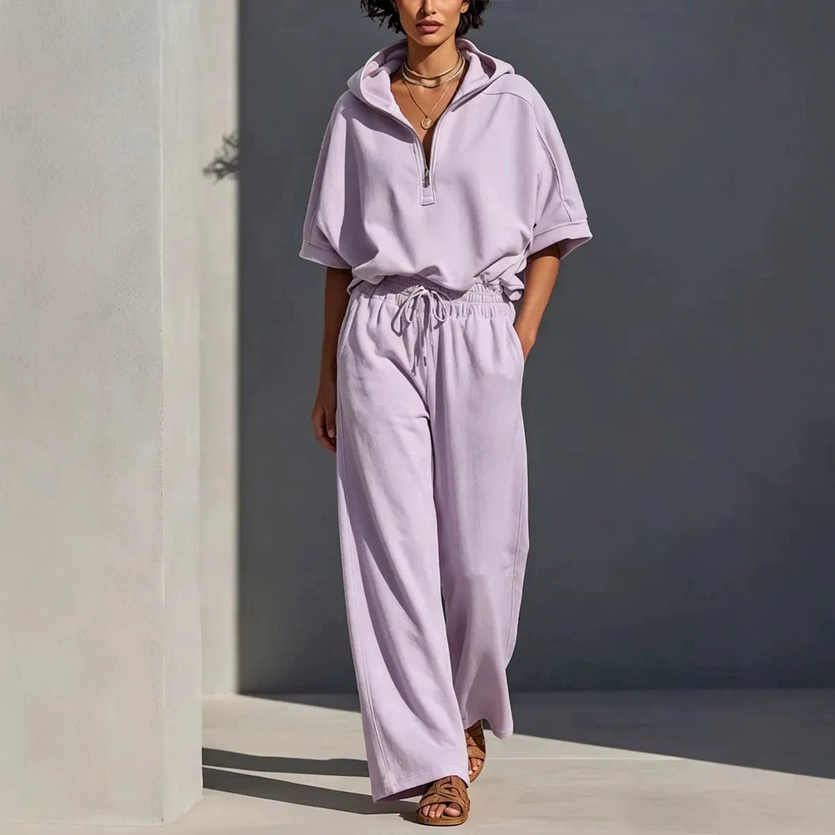 Women's Casual Lounge Set with Half-Zip Hoodie and Wide Palazzo Pants