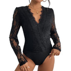 Women's Bodysuit with Romantic Lace and Deep V-Neck