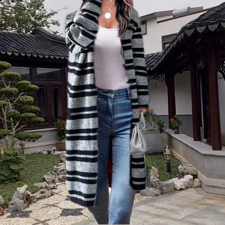 Women's Cozy Knit Coat with Casual Stripe Pattern