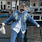 Women's Embroidered Blouson Jacket with Lightweight Cotton Material and Practical Pockets
