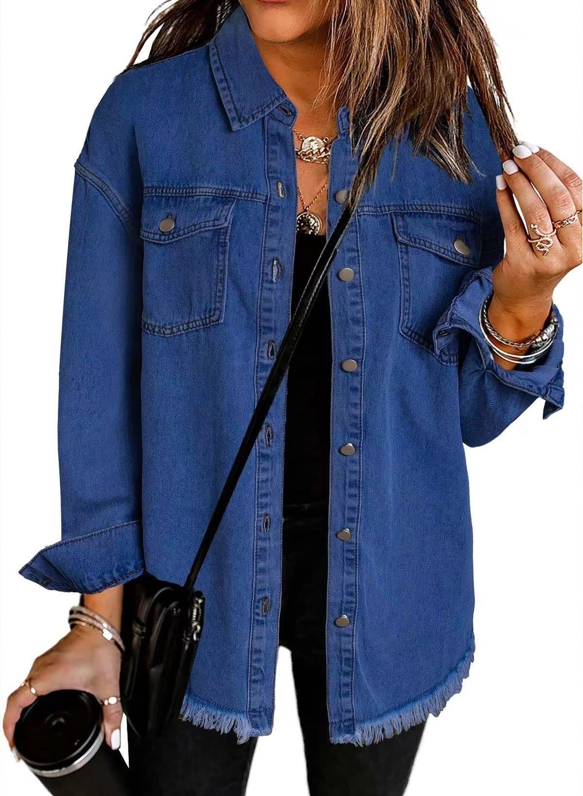 Casual Denim Shirt with Frayed Hems and Chest Pockets