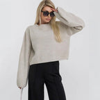 Women's Cropped Knit Sweater with Voluminous Sleeves and Crew Neck