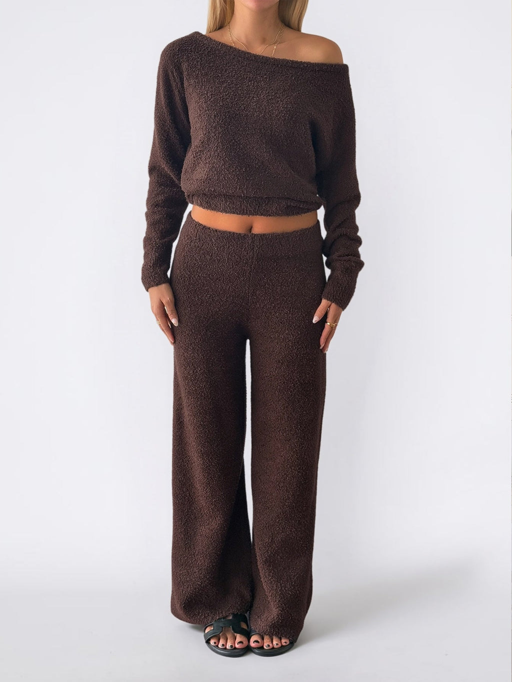 Women's Cozy Bouclé Lounge Set with One-Shoulder Crop Pullover and High-Waist Palazzo Pants