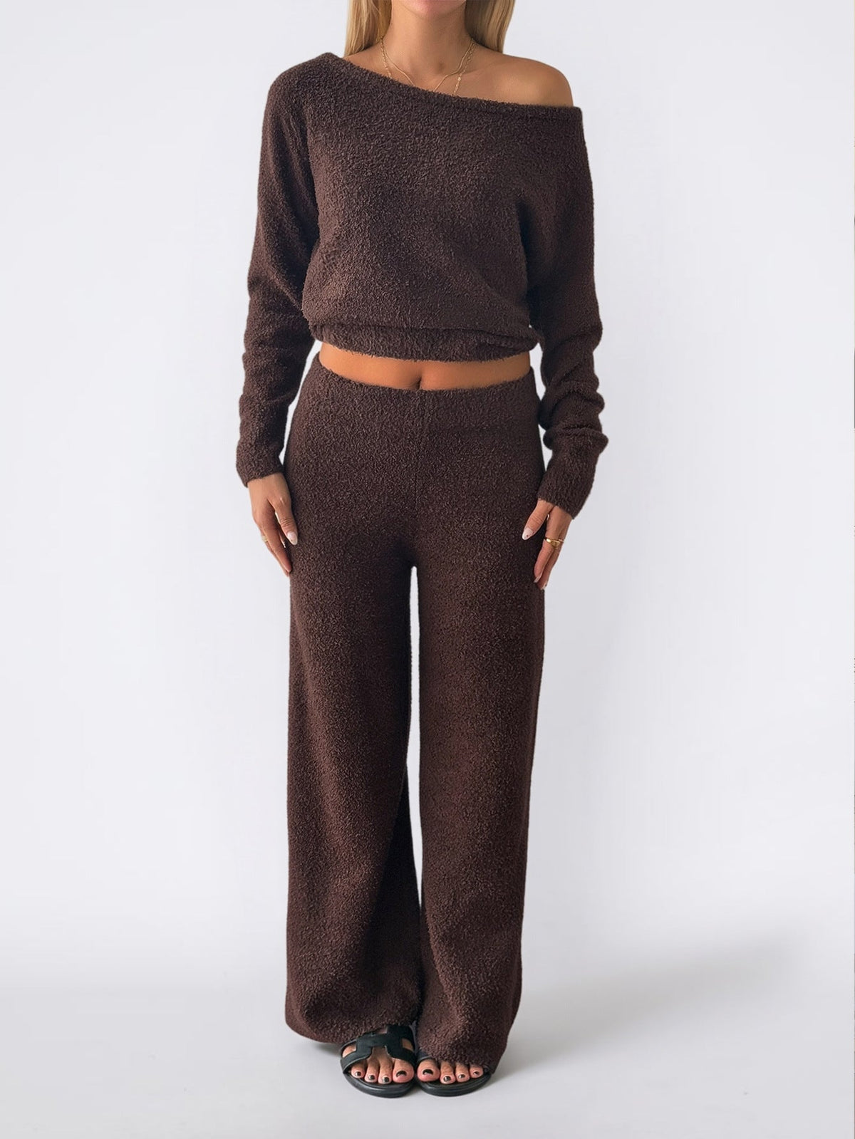 Women's Cozy Bouclé Lounge Set with One-Shoulder Crop Pullover and High-Waist Palazzo Pants