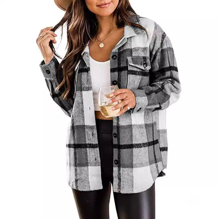 Women's Long-Sleeve Plaid Blouse with Chest Pockets