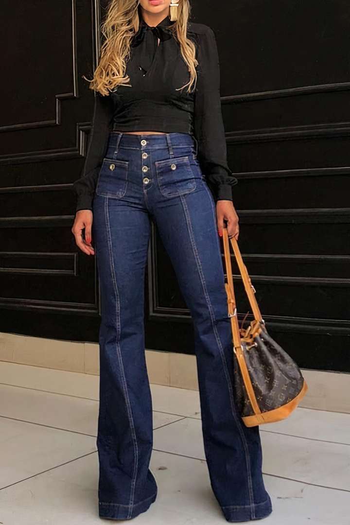 Women's High-Waisted Flare Jeans with Vintage Details
