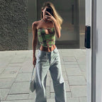 Women's Bandeau Top with Creative Cut-Out and Modern Plaid Pattern