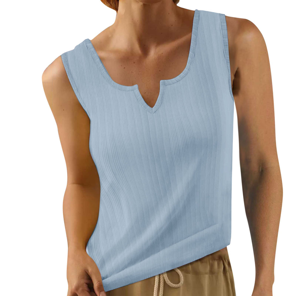 Sleeveless Top with Decorative V-Neck and Fine Ribbed Texture