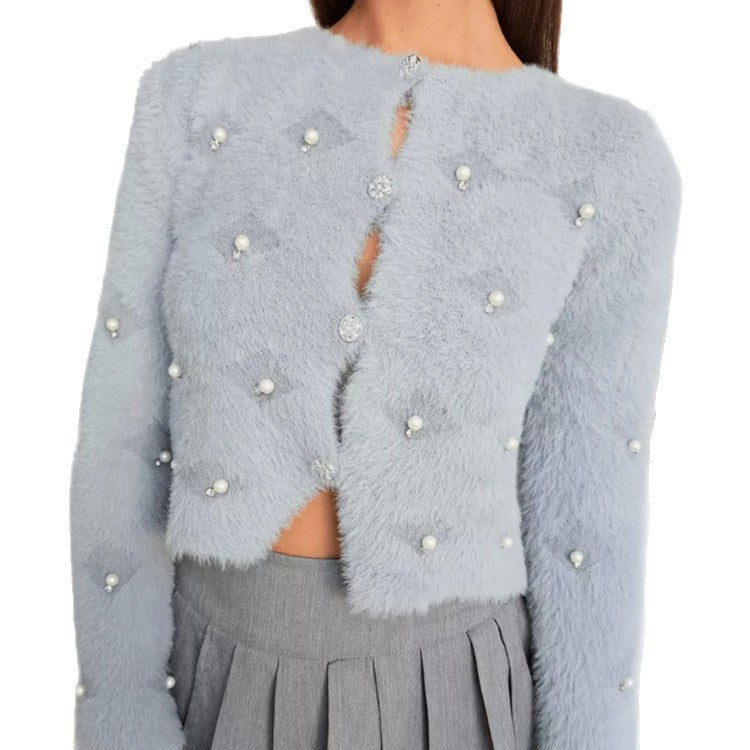 Women's Fluffy Knit Cardigan with Jeweled Buttons and Elegant Cut