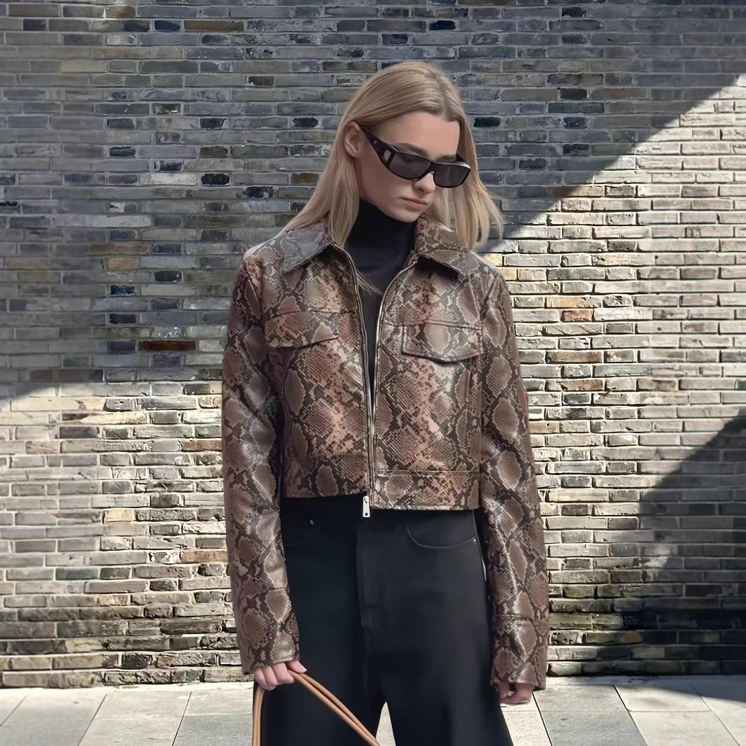 Women's Cropped Faux Leather Jacket with Snake Print