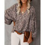 Women's Blouse with Wide Puff Sleeves and V-Neck