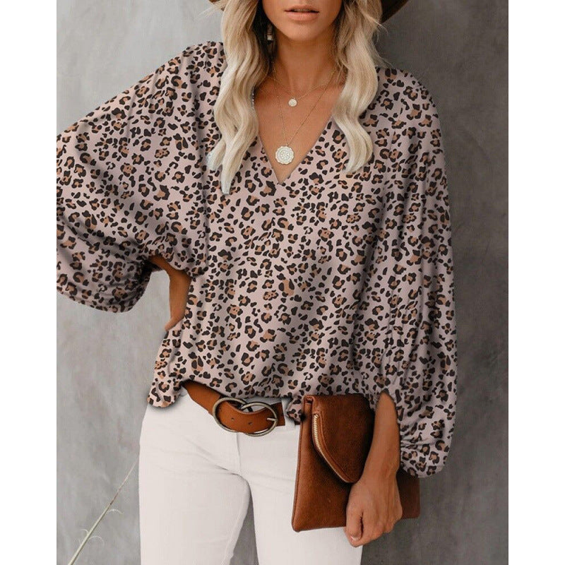 Women's Blouse with Wide Puff Sleeves and V-Neck