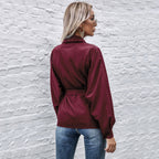 Elegant Satin Shirt Blouse with Waist Belt