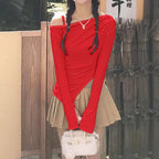 Women's Asymmetrical Long-Sleeve Top with Decorative Bow