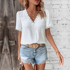 Women's Short-Sleeve Blouse with Lace Trim