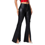 Women's Faux Leather Trousers with Side Slits
