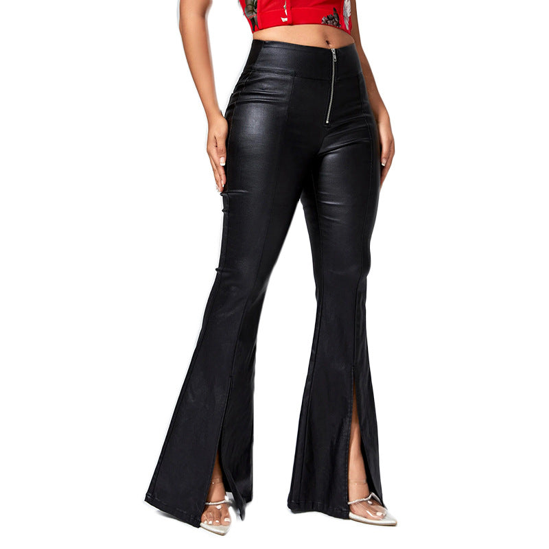 Women's Faux Leather Trousers with Side Slits