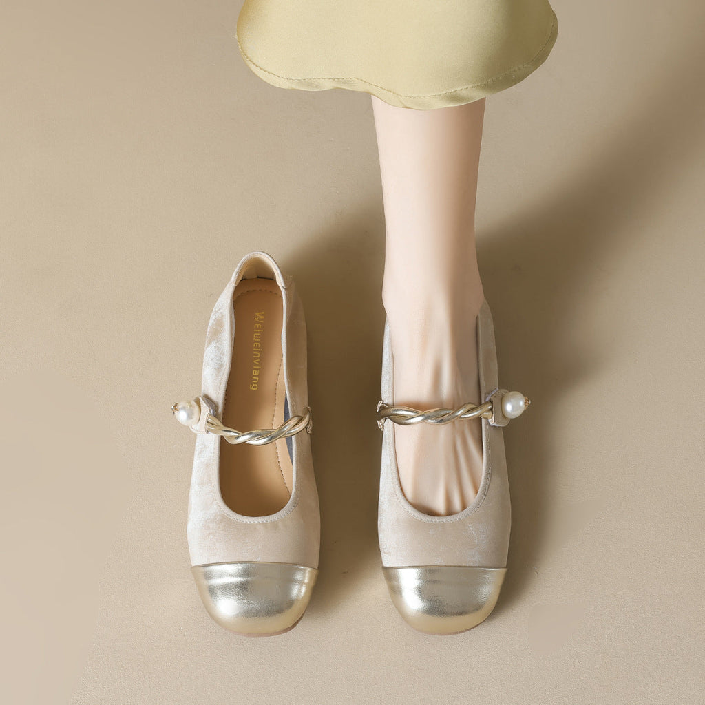 Women's Ballet Flats with Elegant Strap and Fashionable Pearl Jewelry
