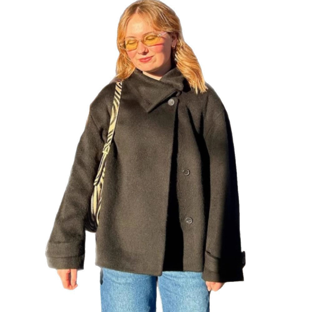 Women's Cozy Wool Jacket with High Collar and Button Details