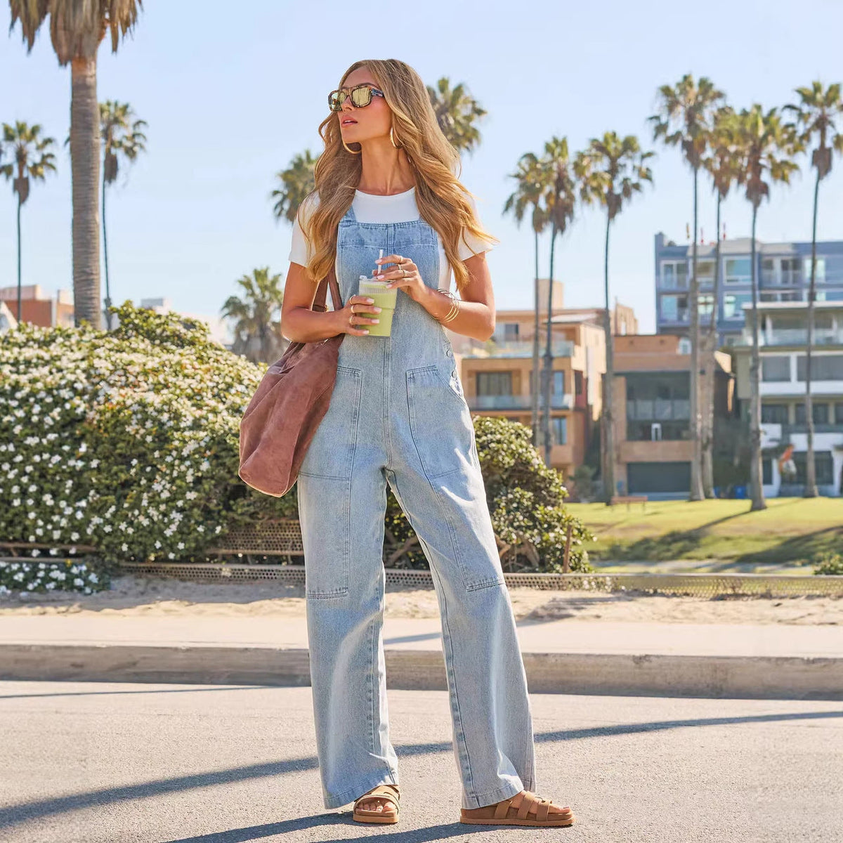 Women's Casual Denim Overall with Wide Leg and Pockets