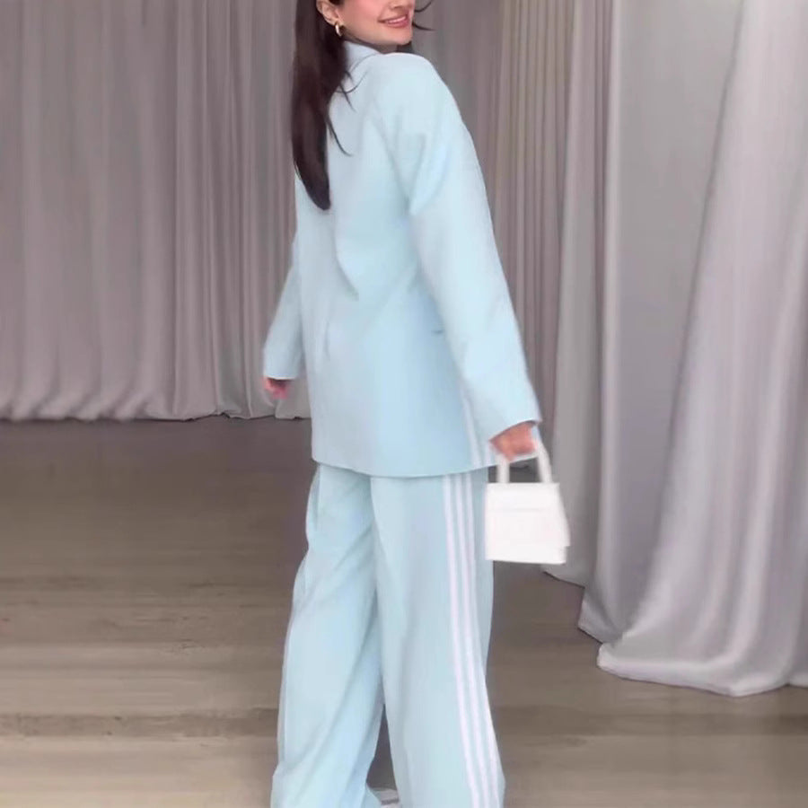 Women's Fashionable Blazer and Pants Set with Contrast Stripes