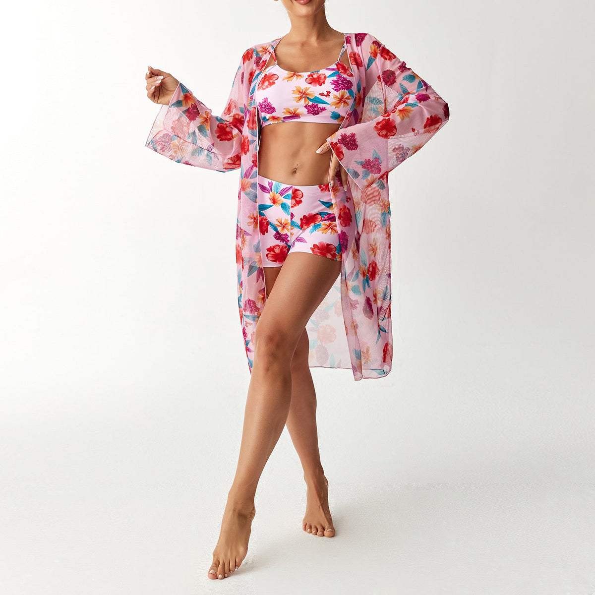 Women's Swim Set with Floral Top and Sheer Beach Cover-Up