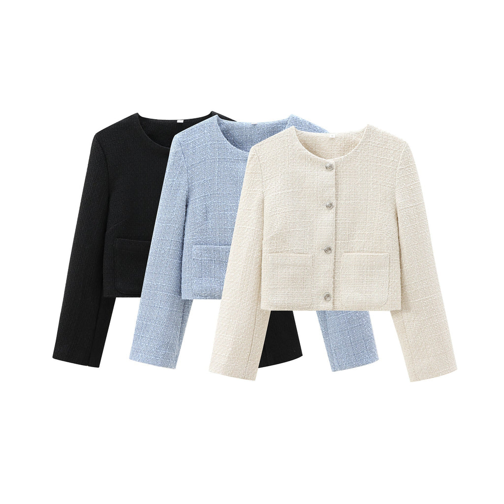 Women's Elegant Tweed-Style Short Jacket with Pockets