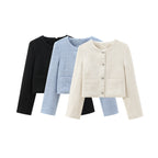 Women's Elegant Tweed-Style Short Jacket with Pockets