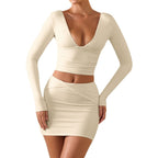 Women's Figure-Hugging Two-Piece Set with Deep V-Neck and Long Sleeves