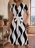 Women's Floral Midi Dress with Adjustable Belt