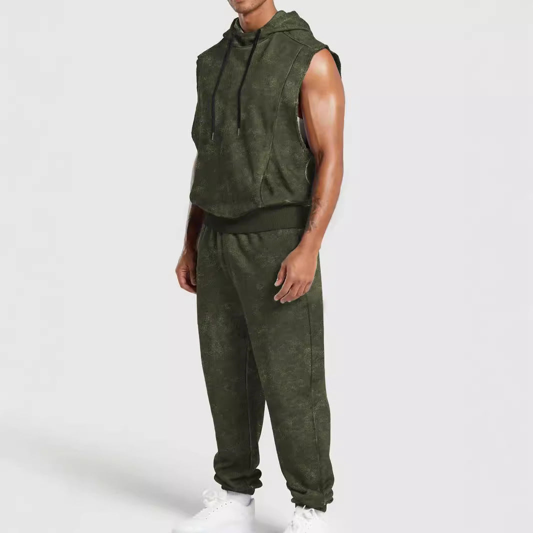 Men's sleeveless hooded sweat set in velour look with elastic joggers and ribbed cuffs