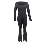 Women's Long-Sleeve Jumpsuit with Square Neck and Wide Leg