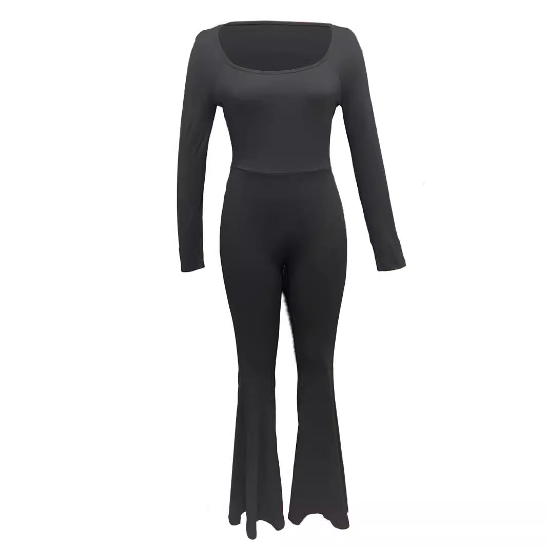 Women's Long-Sleeve Jumpsuit with Square Neck and Wide Leg