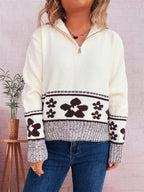 Women's Chunky Knit Sweater with Floral Patterns and Practical Half-Sleeves