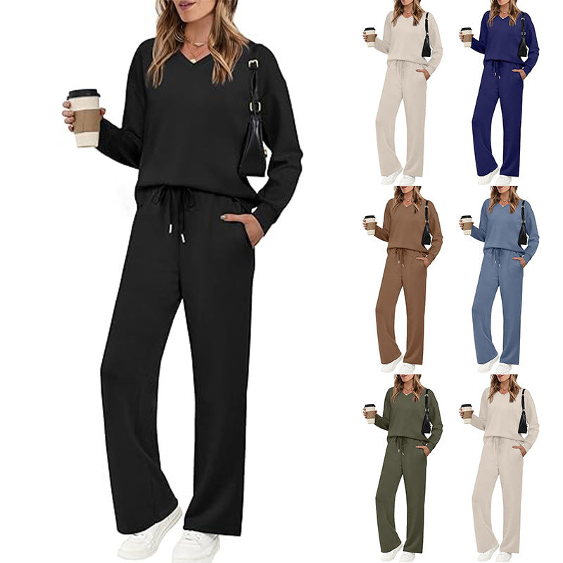 Women's Casual Lounge Set with V-Neck Sweatshirt and Loose Drawstring Pants