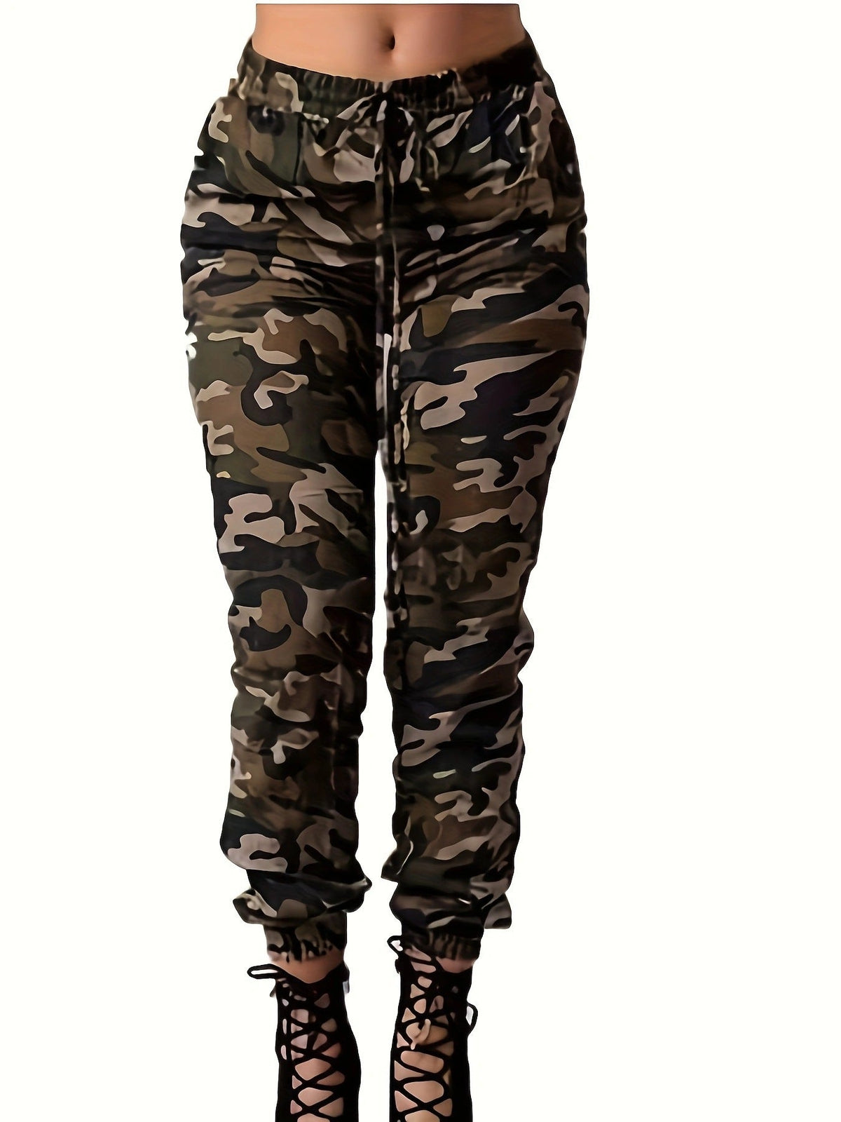 Women's Cargo Pants with Elastic Waist and Camouflage Pattern