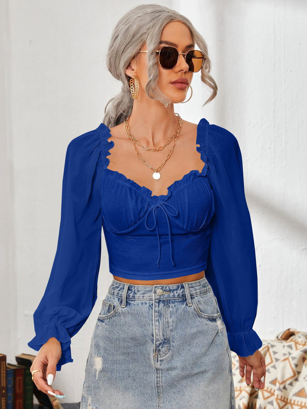 Women's Cropped Blouse with Ruffles and Puff Sleeves