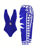 Women's Swimsuit with Feminine Wrap Skirt and Elegant Jewelry Detail