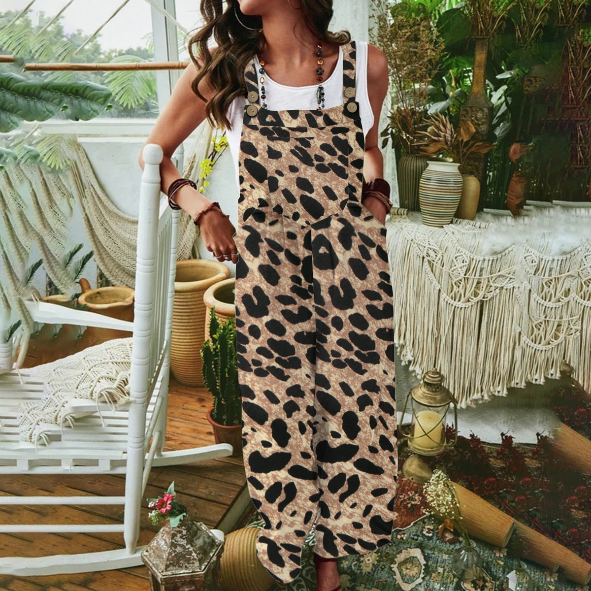 Women's Casual Animal Print Jumpsuit with Pockets