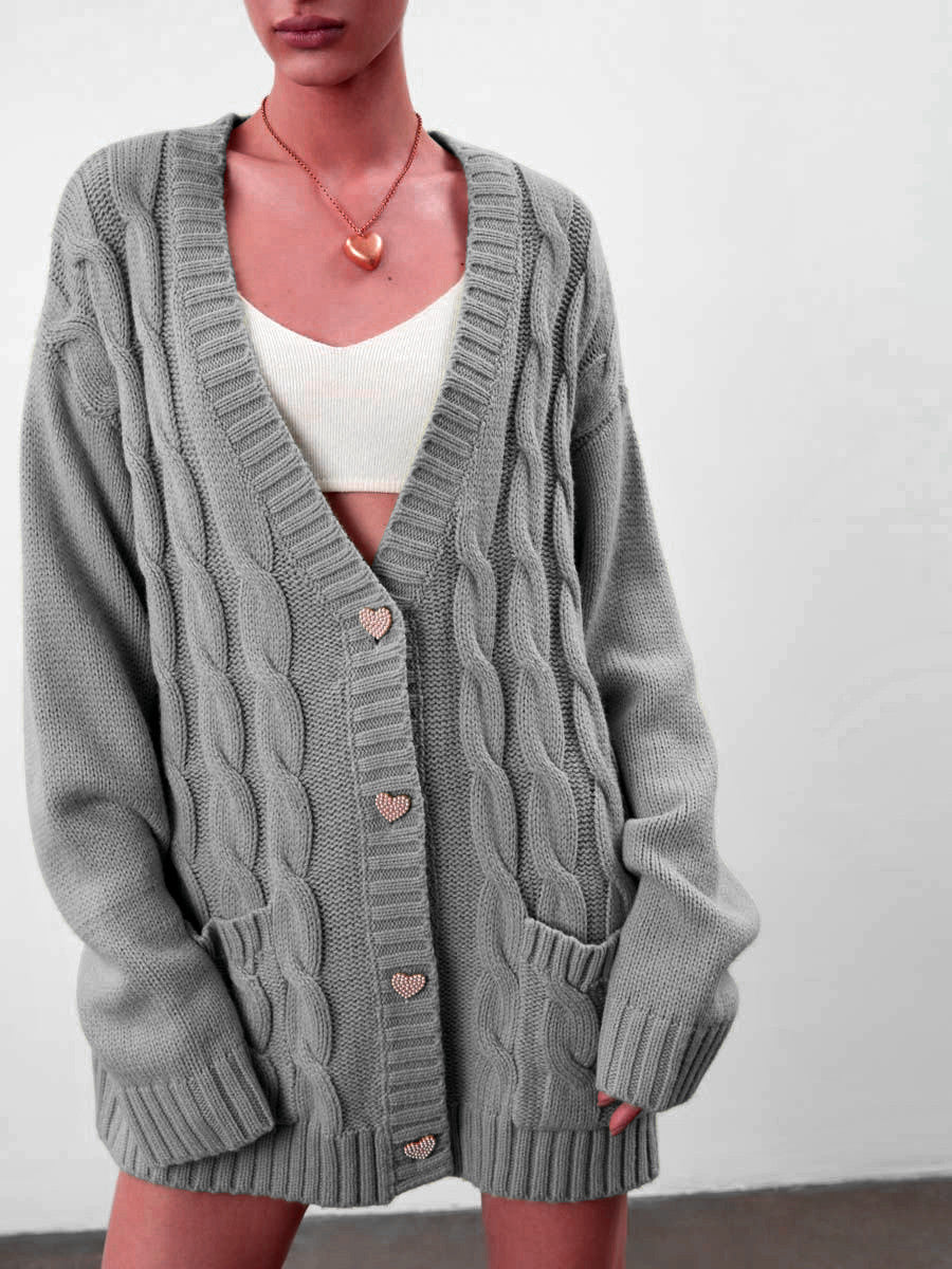 Women's Chunky Knit Cardigan with Heart-Shaped Buttons and Side Pockets