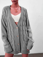 Women's Chunky Knit Cardigan with Heart-Shaped Buttons and Side Pockets