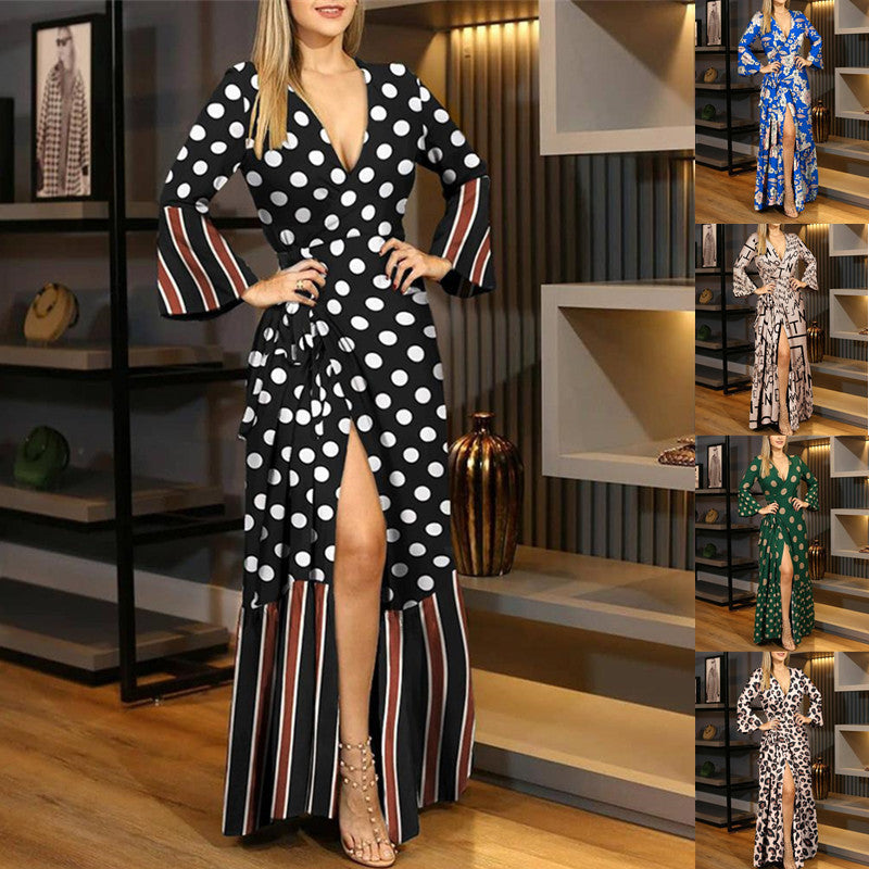 Women's Floral Wrap Maxi Dress with Long Sleeves and Side Slit