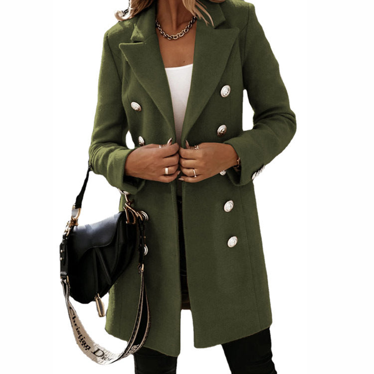Women's Elegant Double-Breasted Coat with Metallic Buttons and Feminine Cut