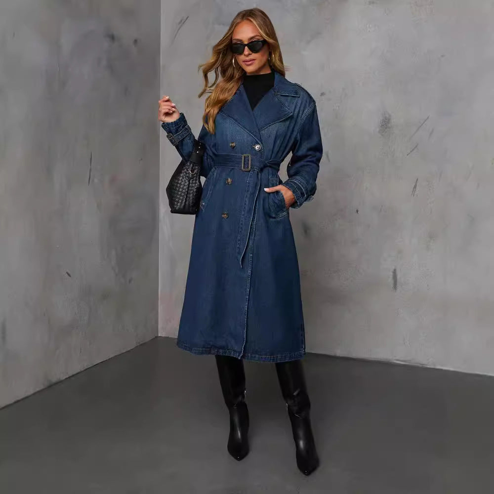 Women's Denim Trench Coat with Belt and Practical Pockets
