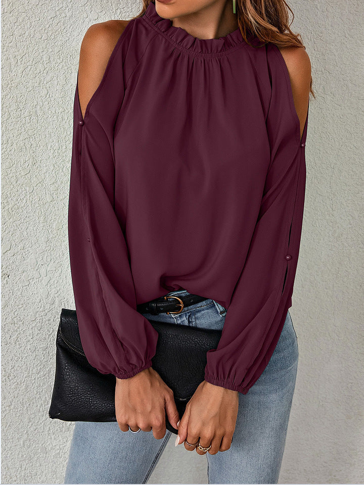 Women's Blouse with Cold Shoulder Details and Elastic Sleeves