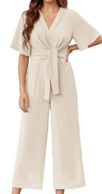 Women's Elegant Wrap Jumpsuit with Wide Legs and Waist Belt