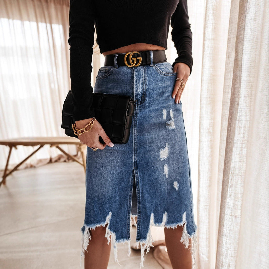 Women's Midi Denim Skirt with Frayed Hem and Vertical Slit
